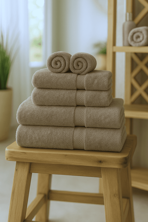 luxor 600 gsm cotton spa towels mink colour face cloths hand towels bath towels rolled up on wooden stool