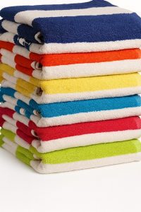 striped bath towels in navy orange red yellow green blue