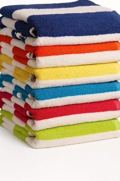 striped bath towels in navy orange red yellow green blue