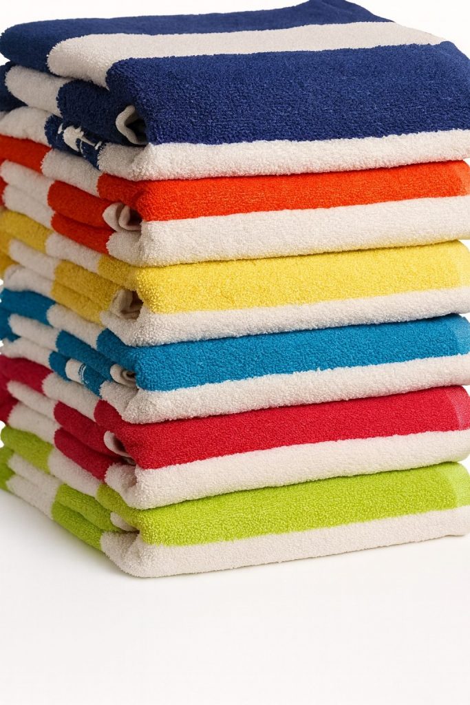 striped bath towels in navy orange red yellow green blue