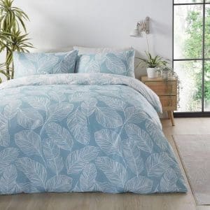 Matteo Duck Egg Blue Duvet Cover Set with Botanical Leaf Print in a modern bedroom setting